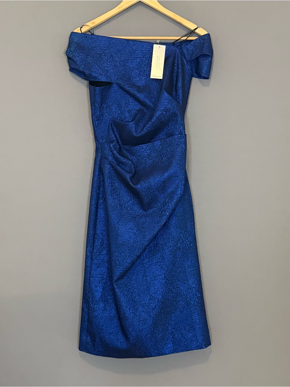 Teri Jon Rickie Freeman Sapphire Blue Metallic Off Shoulder Cocktail Dress 4 - Picture 5 of 14